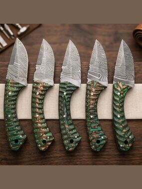 5-Piece Damascus Chef Knife Set - Artistic Green Wave Wood Handle & Sheath